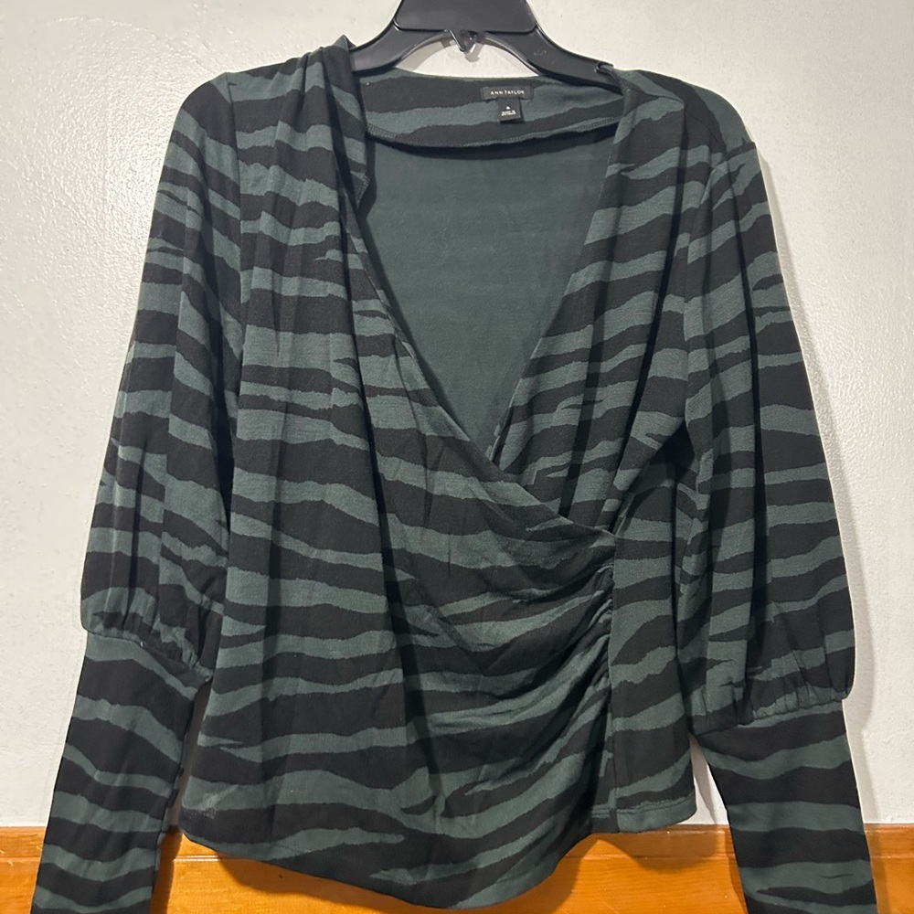 Ann Taylor Green and Black Striped Surplice Long Sleeve Top